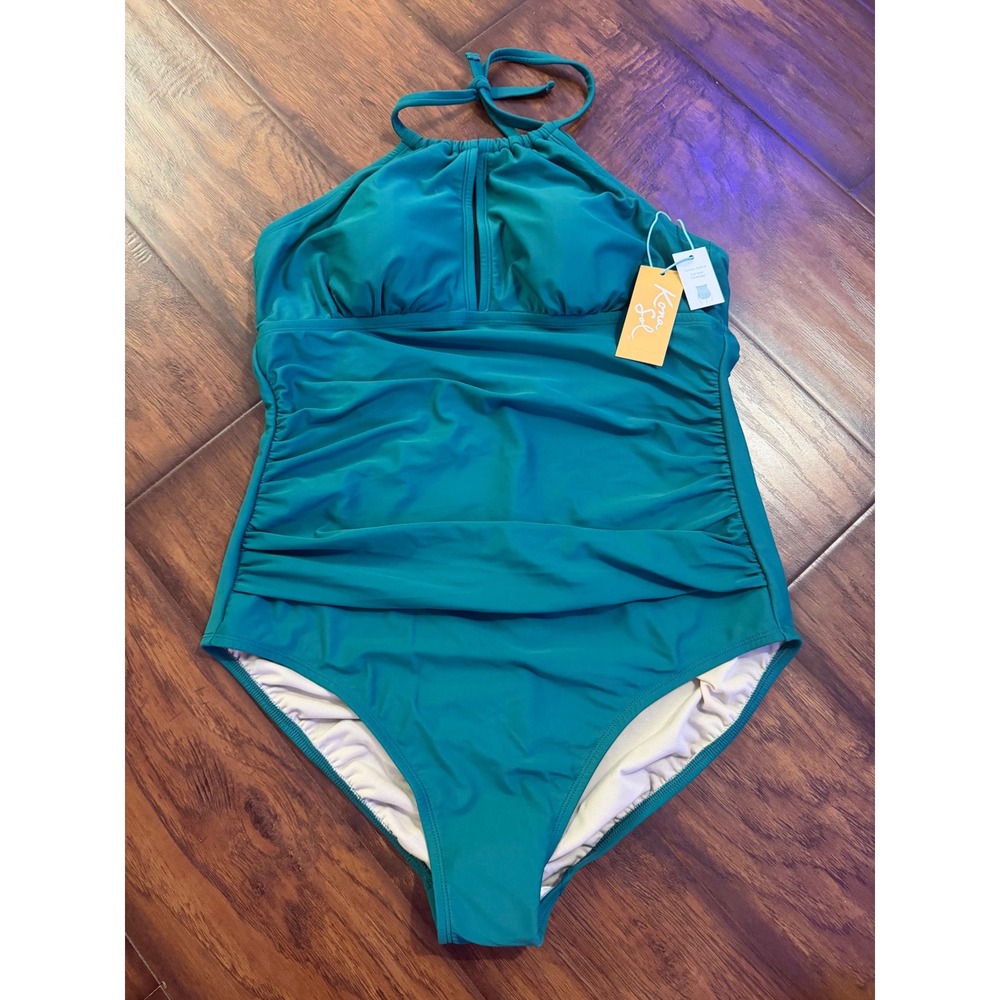 Kona Sol Tummy Control Swimsuit Womens XL 16 Teal NWT Ruched Halter Keyhole
